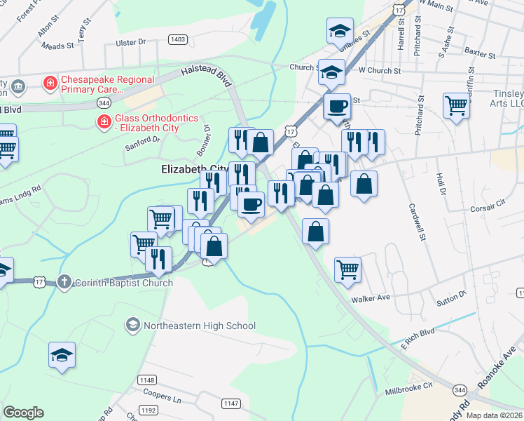 map of restaurants, bars, coffee shops, grocery stores, and more near 1700 U.S. 17 Business in Elizabeth City