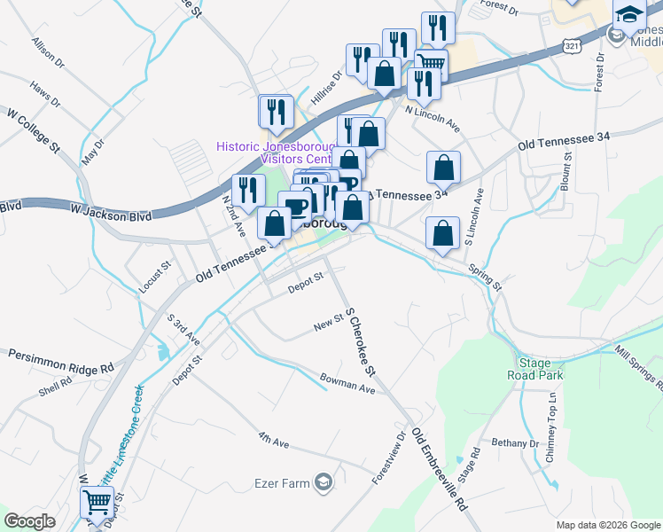 map of restaurants, bars, coffee shops, grocery stores, and more near 203 South Cherokee Street in Jonesborough