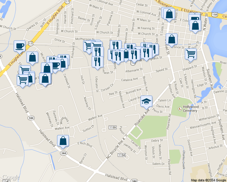 map of restaurants, bars, coffee shops, grocery stores, and more near 810 Ray Street in Elizabeth City