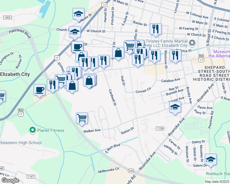 map of restaurants, bars, coffee shops, grocery stores, and more near 538 Cardwell Street in Elizabeth City