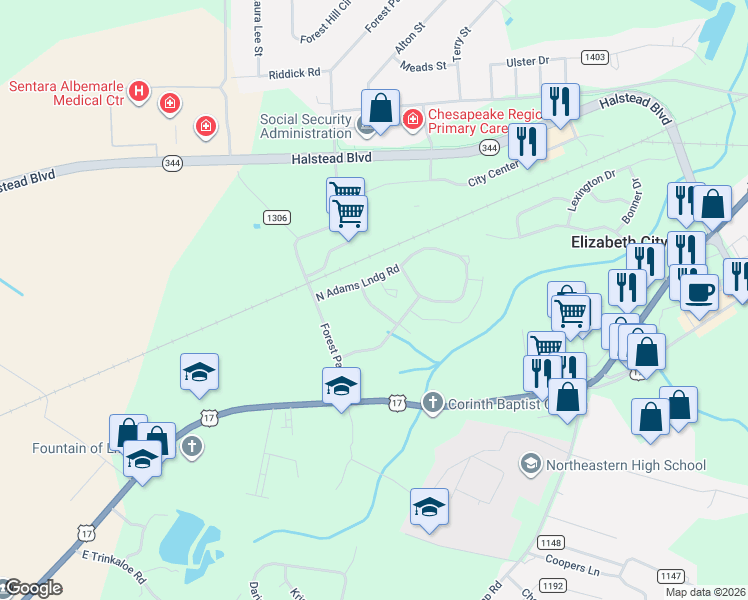 map of restaurants, bars, coffee shops, grocery stores, and more near 4106 Adams Creek Road in Elizabeth City