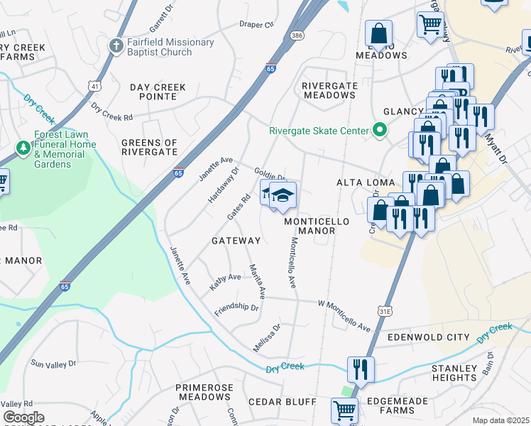 map of restaurants, bars, coffee shops, grocery stores, and more near 510 Monica Avenue in Goodlettsville