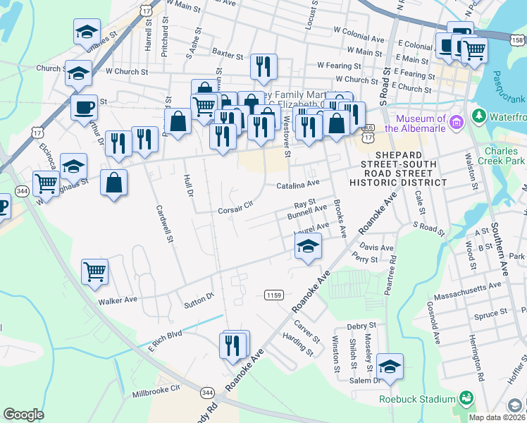 map of restaurants, bars, coffee shops, grocery stores, and more near 810 Ray Street in Elizabeth City