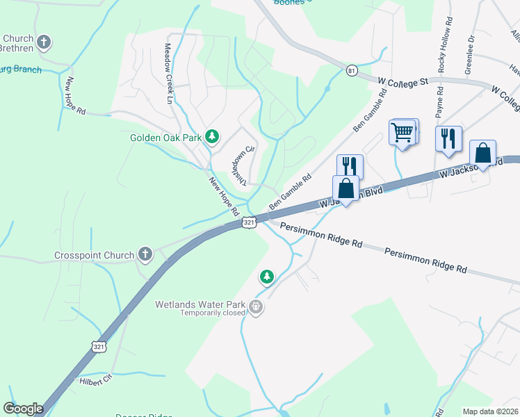 map of restaurants, bars, coffee shops, grocery stores, and more near 1732 Andrew Johnson Highway in Jonesborough