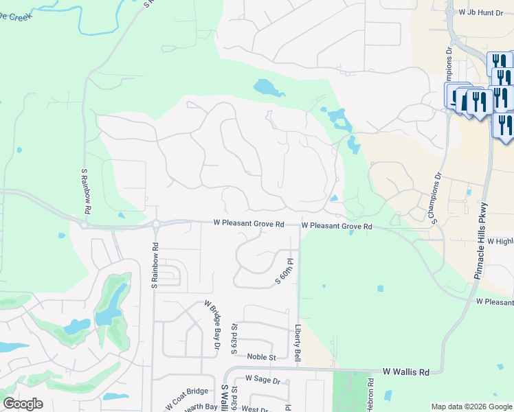 map of restaurants, bars, coffee shops, grocery stores, and more near 9 South Fiddlesticks Trail in Rogers
