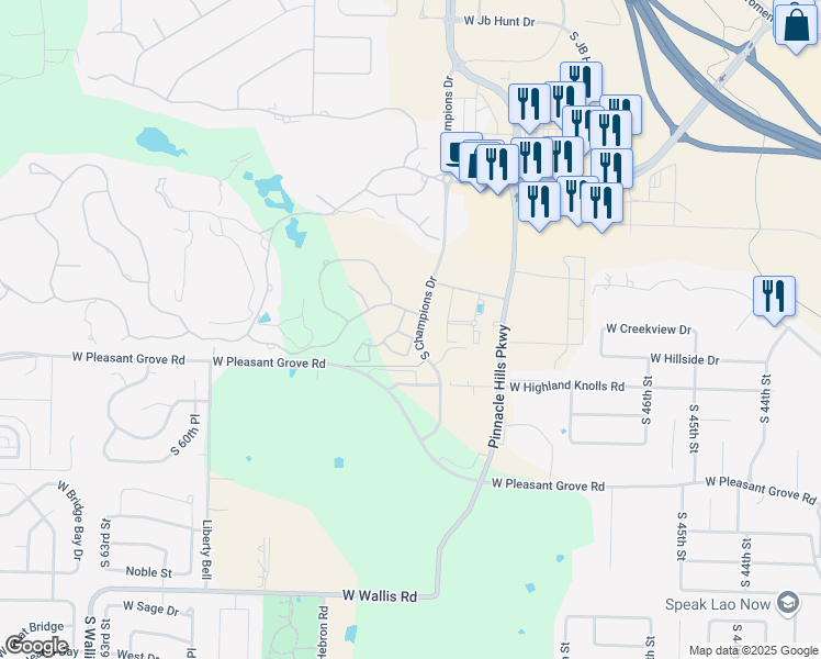 map of restaurants, bars, coffee shops, grocery stores, and more near 16 West La Quinta Court in Rogers