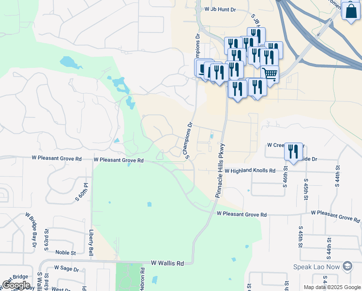 map of restaurants, bars, coffee shops, grocery stores, and more near 31 West La Quinta Court in Rogers