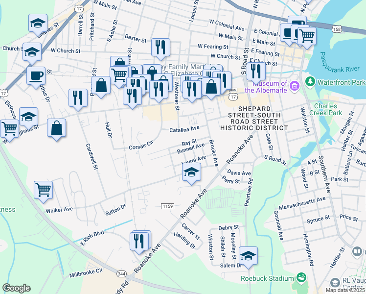 map of restaurants, bars, coffee shops, grocery stores, and more near 702 Bunnell Avenue in Elizabeth City
