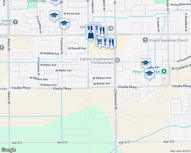 map of restaurants, bars, coffee shops, grocery stores, and more near 3946 West Elkhorn Avenue in Visalia