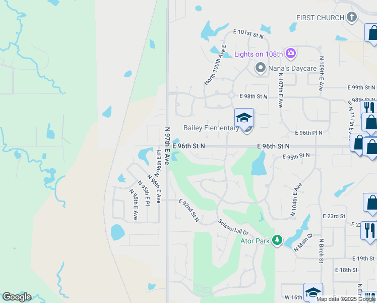 map of restaurants, bars, coffee shops, grocery stores, and more near 9996 East 95th Street North in Owasso
