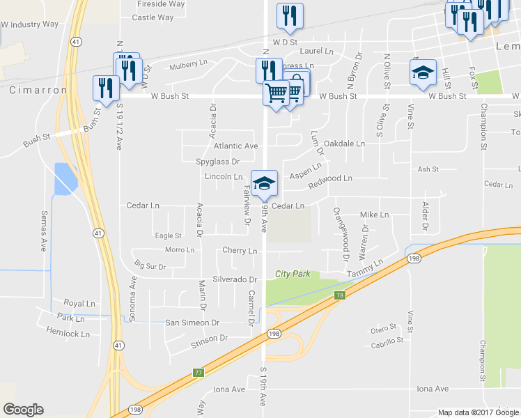 map of restaurants, bars, coffee shops, grocery stores, and more near 501 South 19th Avenue in Lemoore