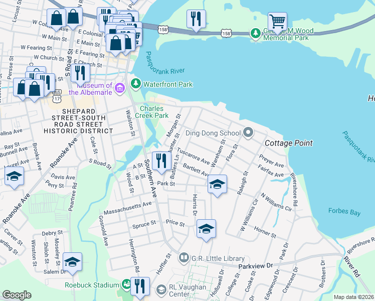 map of restaurants, bars, coffee shops, grocery stores, and more near 904 Tuscarora Avenue in Elizabeth City