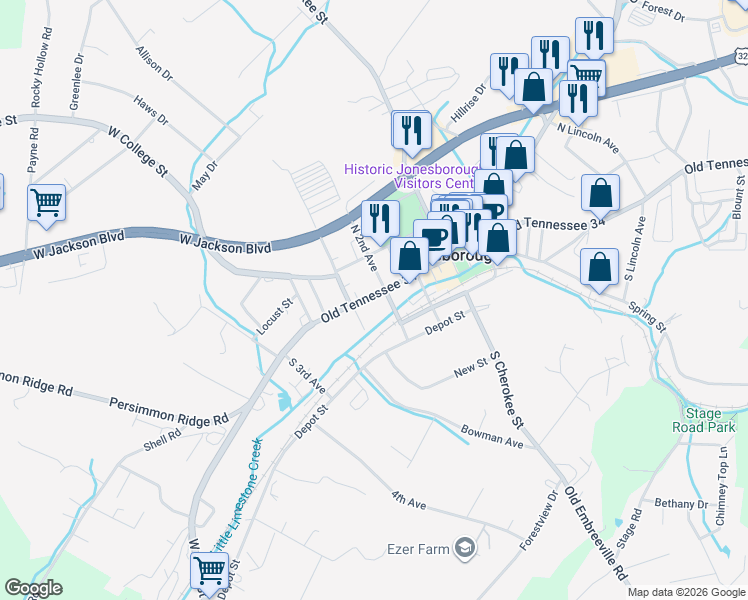 map of restaurants, bars, coffee shops, grocery stores, and more near 109 South 2nd Avenue in Jonesborough