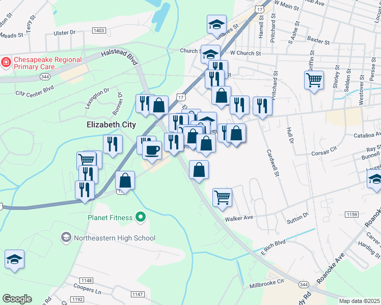 map of restaurants, bars, coffee shops, grocery stores, and more near 1515 West Ehringhaus Street in Elizabeth City