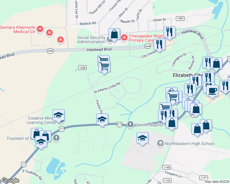 map of restaurants, bars, coffee shops, grocery stores, and more near 4106 Adams Creek Road in Elizabeth City