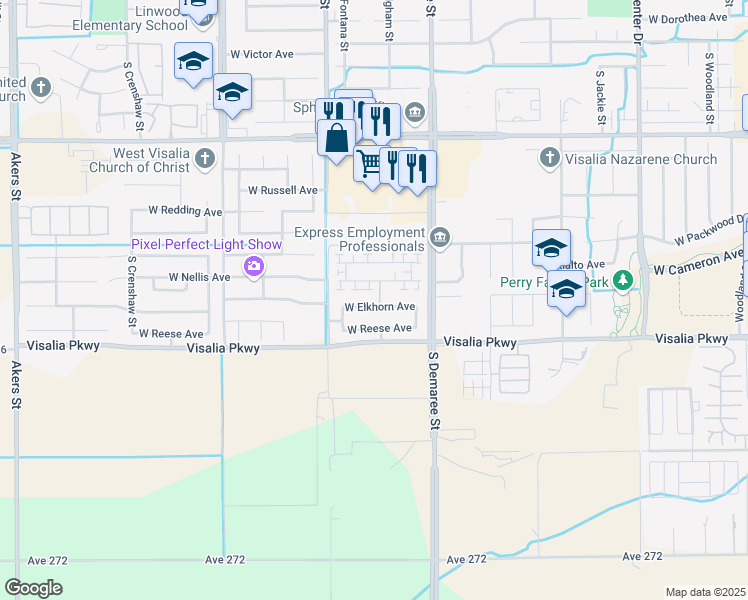 map of restaurants, bars, coffee shops, grocery stores, and more near 3904 West Elkhorn Avenue in Visalia