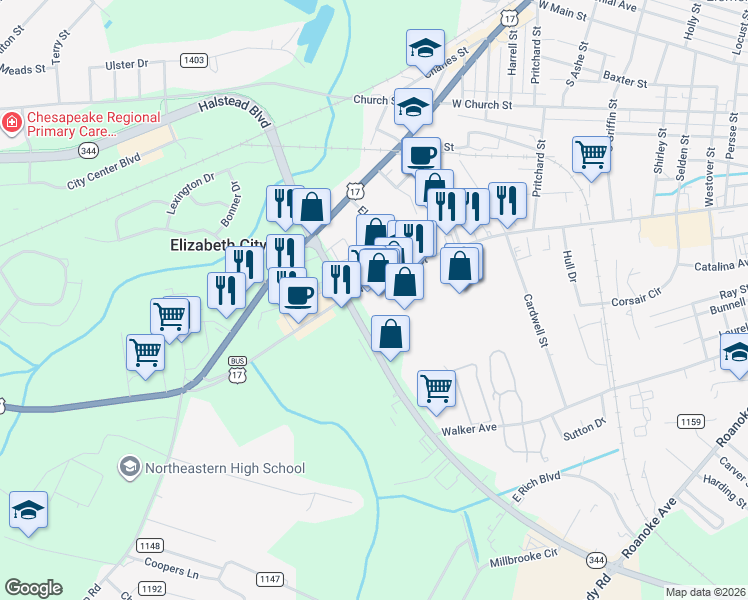 map of restaurants, bars, coffee shops, grocery stores, and more near 1515 West Ehringhaus Street in Elizabeth City
