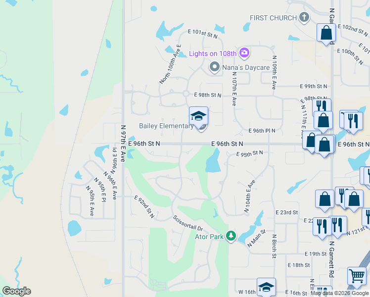 map of restaurants, bars, coffee shops, grocery stores, and more near 10103 East 95th Court North in Owasso