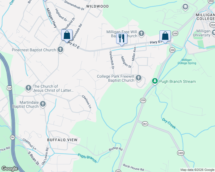 map of restaurants, bars, coffee shops, grocery stores, and more near 131 Sewanee Road in Johnson City