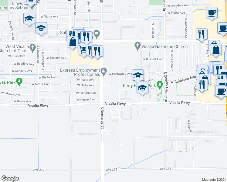 map of restaurants, bars, coffee shops, grocery stores, and more near 4204 South Demaree Street in Visalia