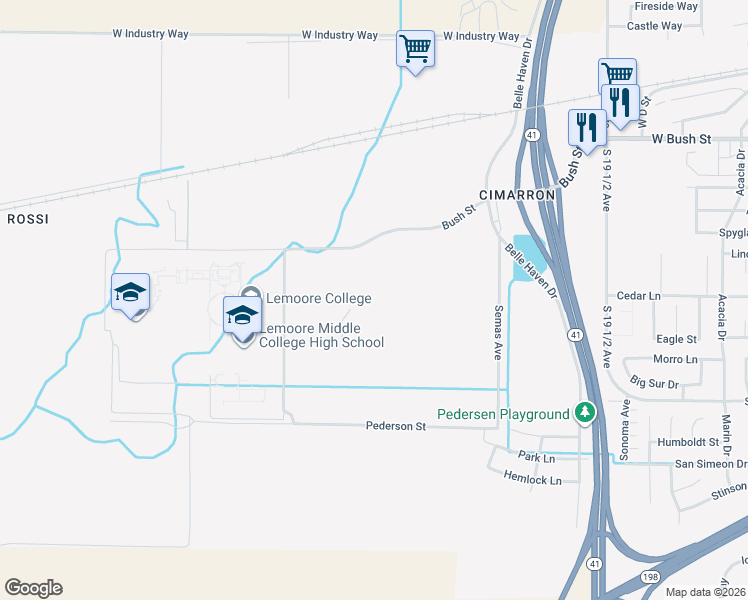 map of restaurants, bars, coffee shops, grocery stores, and more near Bush Street in Lemoore