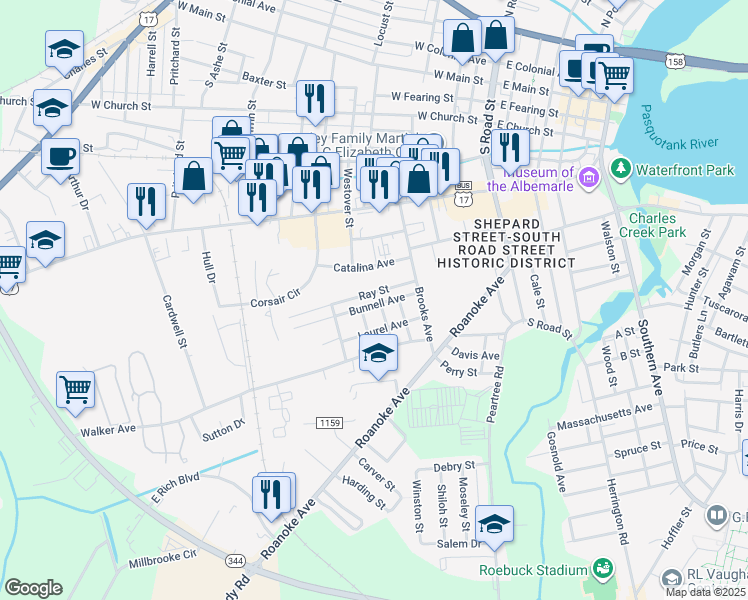 map of restaurants, bars, coffee shops, grocery stores, and more near 612 Bunnell Avenue in Elizabeth City