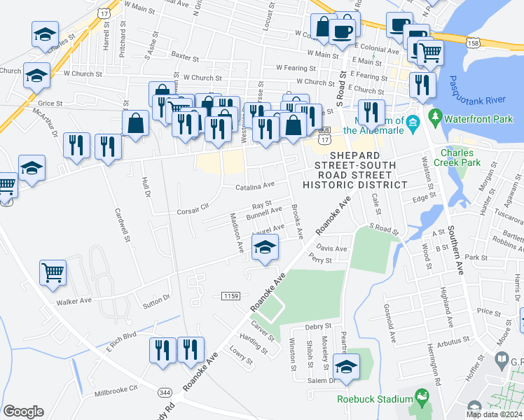 map of restaurants, bars, coffee shops, grocery stores, and more near 612 Bunnell Avenue in Elizabeth City