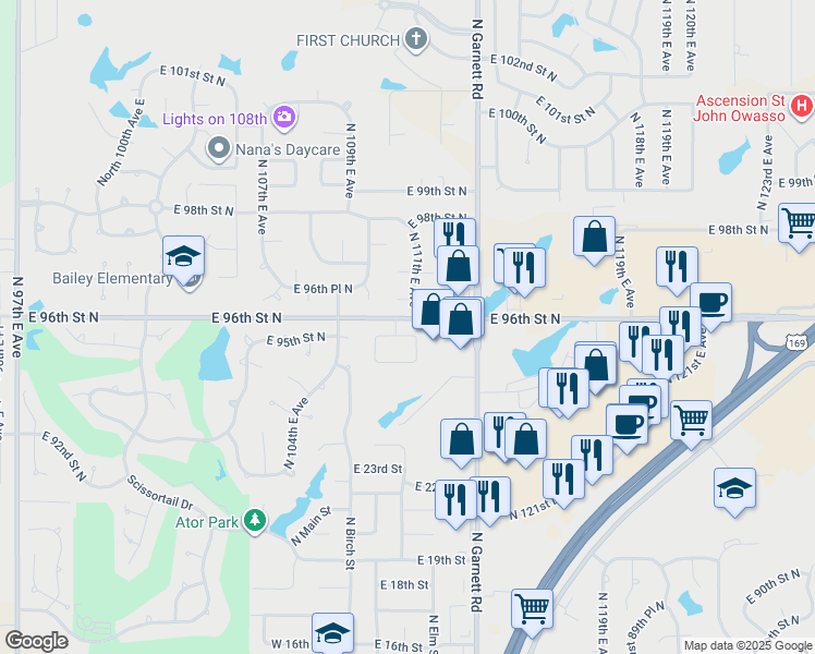 map of restaurants, bars, coffee shops, grocery stores, and more near 11003 East 95th Place North in Owasso