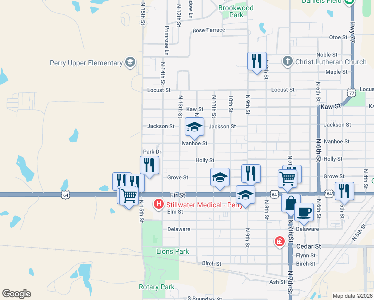 map of restaurants, bars, coffee shops, grocery stores, and more near 1210 1/2 Ivanhoe Street in Perry