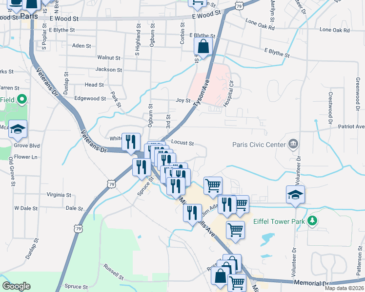 map of restaurants, bars, coffee shops, grocery stores, and more near 1027 Locust Street in Paris