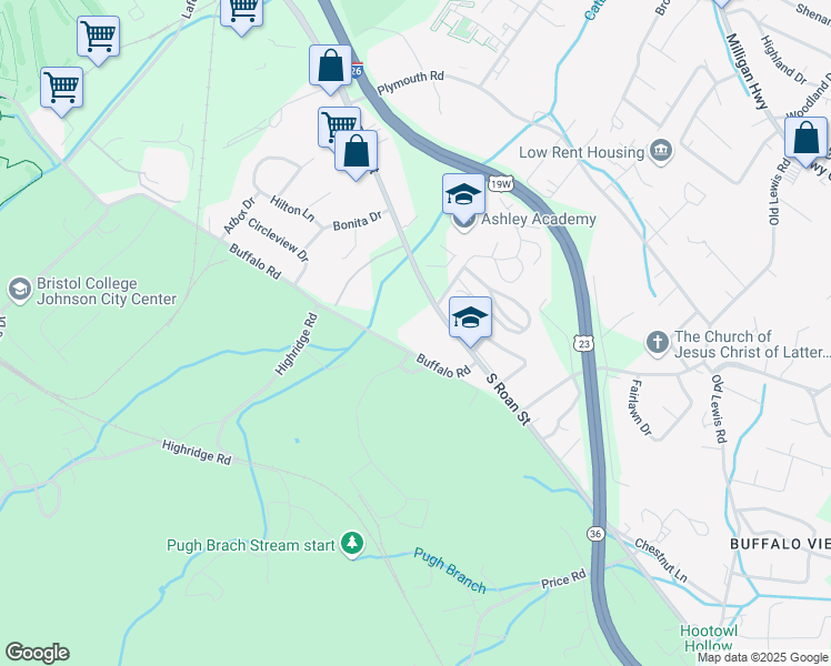 map of restaurants, bars, coffee shops, grocery stores, and more near 2700 South Roan Street in Johnson City