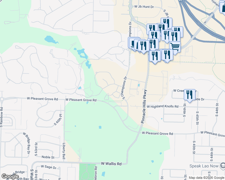 map of restaurants, bars, coffee shops, grocery stores, and more near 19 South Prairie Dunes Drive in Rogers