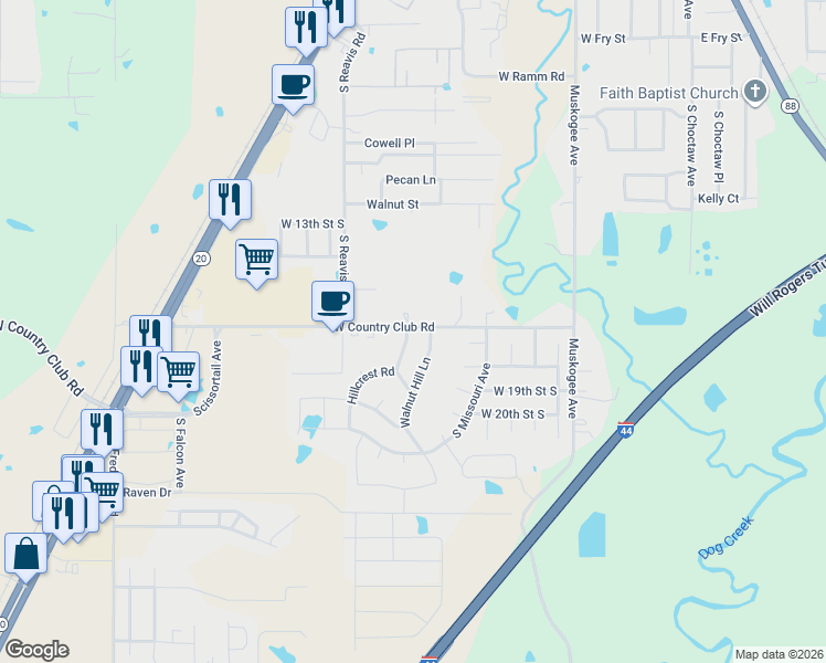 map of restaurants, bars, coffee shops, grocery stores, and more near 1703 Walnut Hill Lane in Claremore