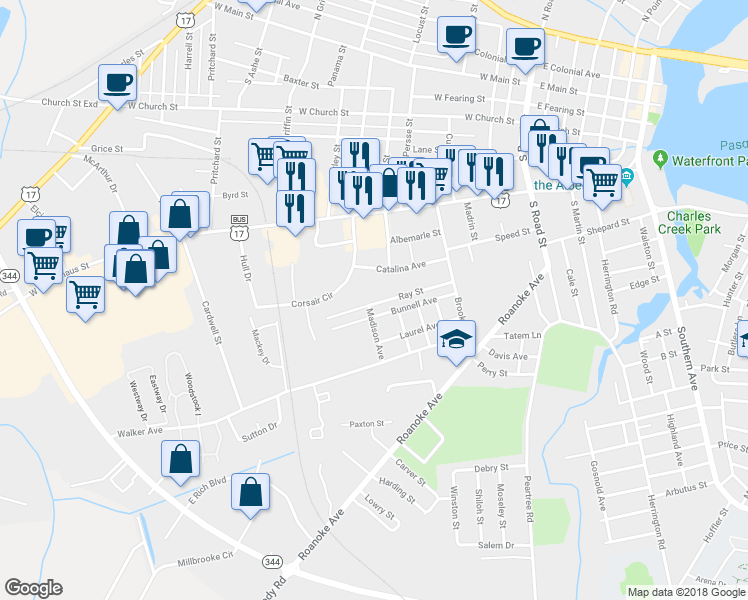 map of restaurants, bars, coffee shops, grocery stores, and more near 708 Ray Street in Elizabeth City