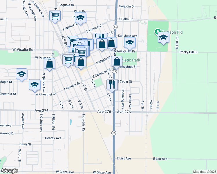 map of restaurants, bars, coffee shops, grocery stores, and more near 333 South D Street in Exeter
