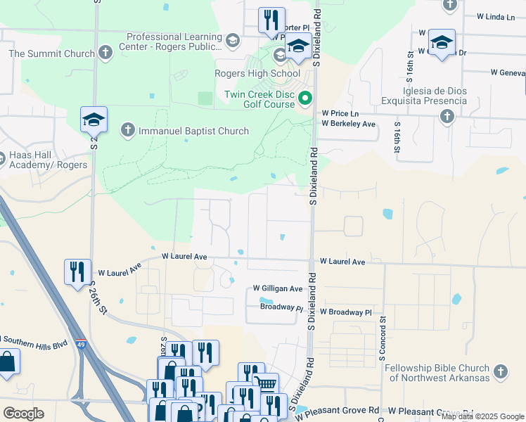 map of restaurants, bars, coffee shops, grocery stores, and more near 2720 South Dixieland Road in Rogers