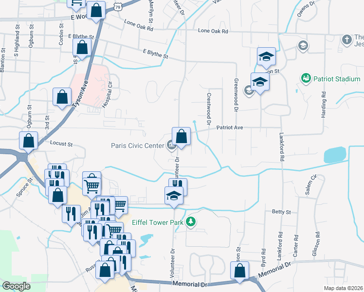 map of restaurants, bars, coffee shops, grocery stores, and more near 608 Fairfield Drive in Paris