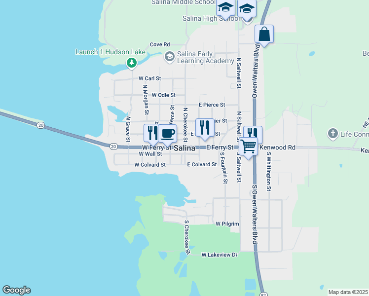 map of restaurants, bars, coffee shops, grocery stores, and more near in Salina