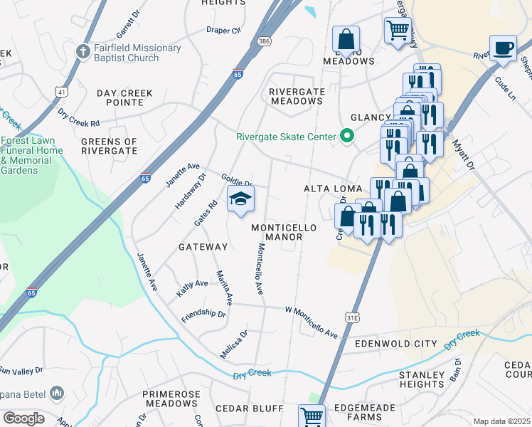 map of restaurants, bars, coffee shops, grocery stores, and more near 1524 Monticello Avenue in Goodlettsville