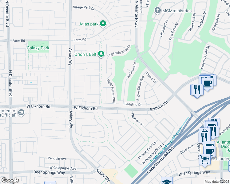 map of restaurants, bars, coffee shops, grocery stores, and more near 7213 Night Heron Way in North Las Vegas