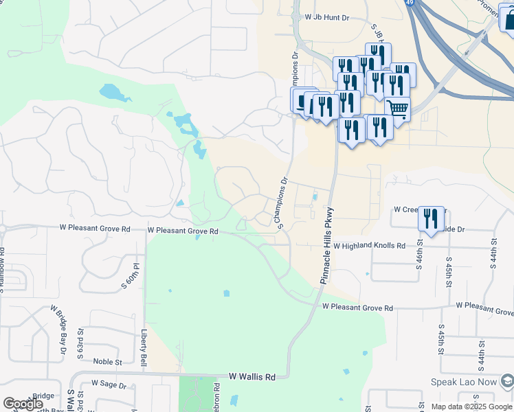 map of restaurants, bars, coffee shops, grocery stores, and more near 19 South Prairie Dunes Drive in Rogers