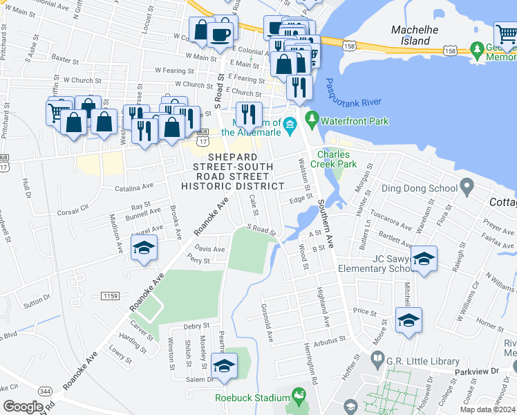 map of restaurants, bars, coffee shops, grocery stores, and more near 806 Cale Street in Elizabeth City