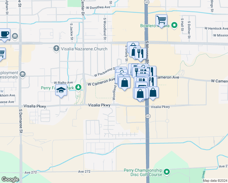 map of restaurants, bars, coffee shops, grocery stores, and more near Woodland Street in Visalia