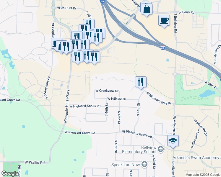 map of restaurants, bars, coffee shops, grocery stores, and more near 4504 Creekview Drive in Rogers