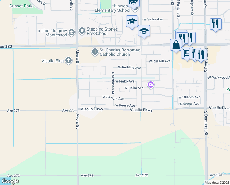map of restaurants, bars, coffee shops, grocery stores, and more near 4128 South Crenshaw Street in Visalia