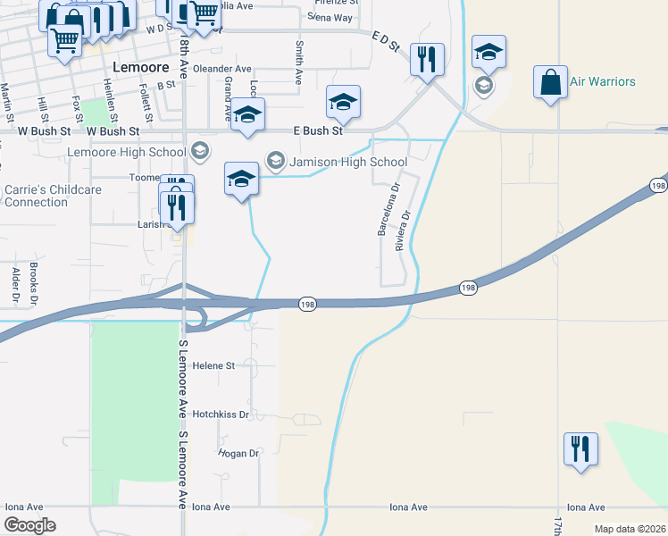 map of restaurants, bars, coffee shops, grocery stores, and more near 447 Barcelona Drive in Lemoore