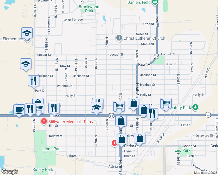 map of restaurants, bars, coffee shops, grocery stores, and more near 737 Holly Street in Perry