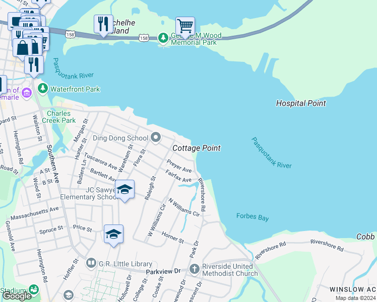 map of restaurants, bars, coffee shops, grocery stores, and more near 1212 Carolina Avenue in Elizabeth City