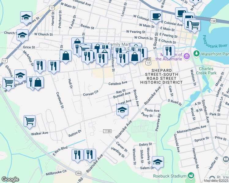 map of restaurants, bars, coffee shops, grocery stores, and more near 702 Bunnell Avenue in Elizabeth City