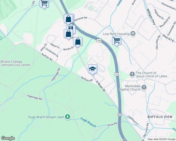 map of restaurants, bars, coffee shops, grocery stores, and more near South Roan Street in Johnson City